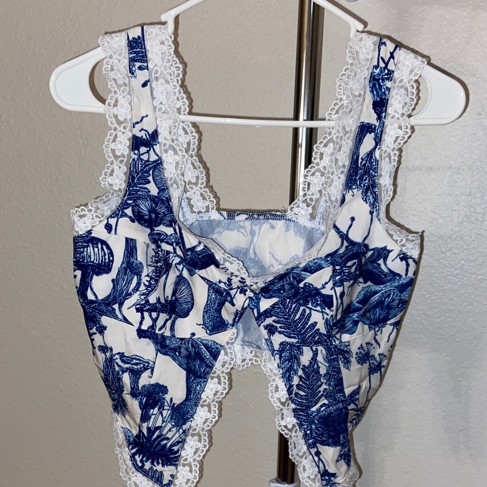 Blue and White Lace Trim Crop Top